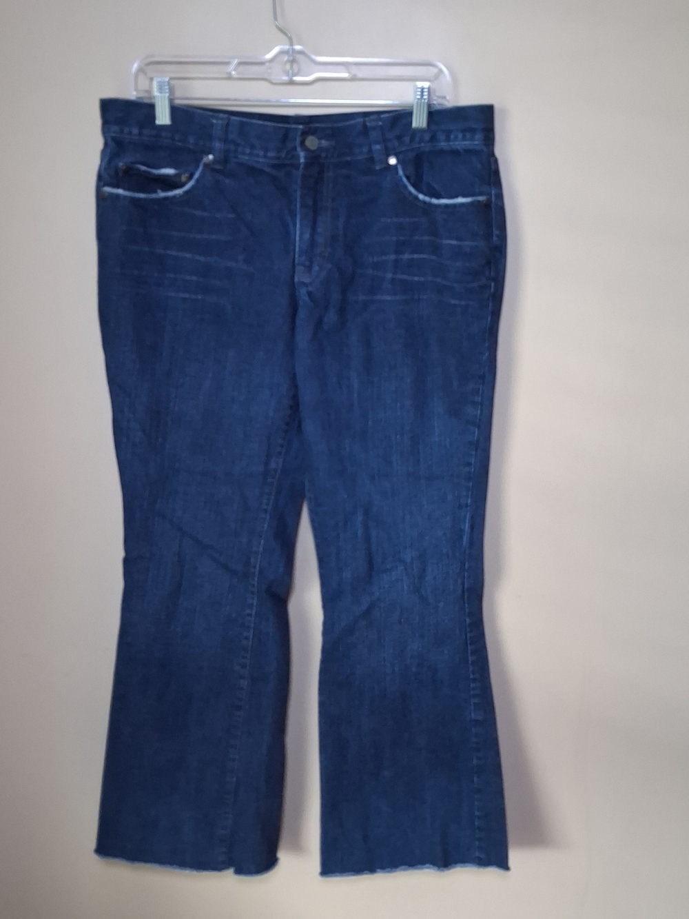 Calvin Klein Women's Low Rise Flare Jeans; Sz. 12; Sequin Pockets, Frayed Hems